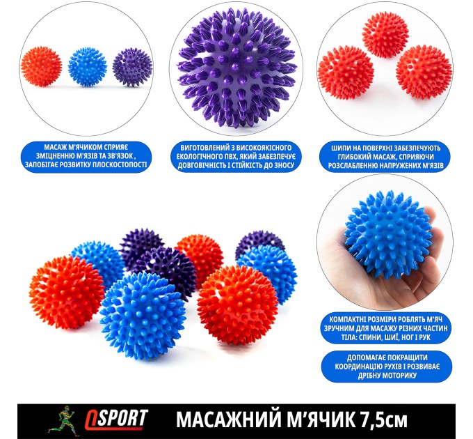 Массажный мячик, массажер для спины, шеи, ног (самомассажа МФР, миофасциального релиза) OSPORT 7.5см (MS 0943)