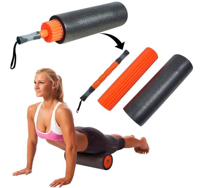 Массажный набор для йоги и фитнеса 3в1 EVA, массажный валик (йога ролл) + массажная палка OSPORT (OF-0283)