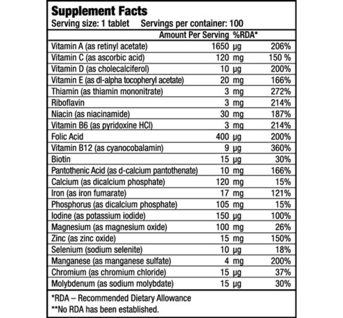 Комплекс вітамінів та мікроелементів для спортсменів Multivitamin One A Day 100 таблеток. Biotech USA (01112-01)