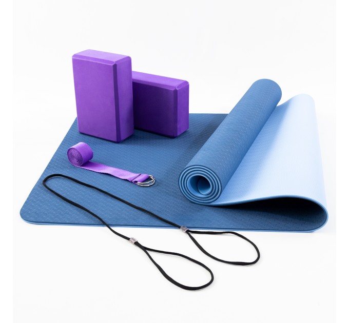 Килимок для йоги (каремат для фітнесу) TPE + блок для йоги 2шт + ремінь для йоги OSPORT Set 87 (n-0117)