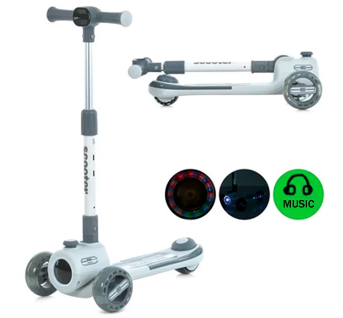 Самокат трехколесный детский (подростковый) с ПУ колесам, подсветкой музыкой и фарой OSPORT (JR3-135-GR)