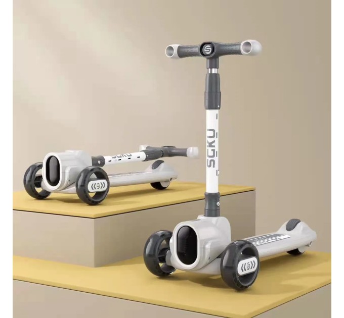 Самокат трехколесный детский (подростковый) с ПУ колесам, подсветкой музыкой и фарой OSPORT (JR3-135-GR)