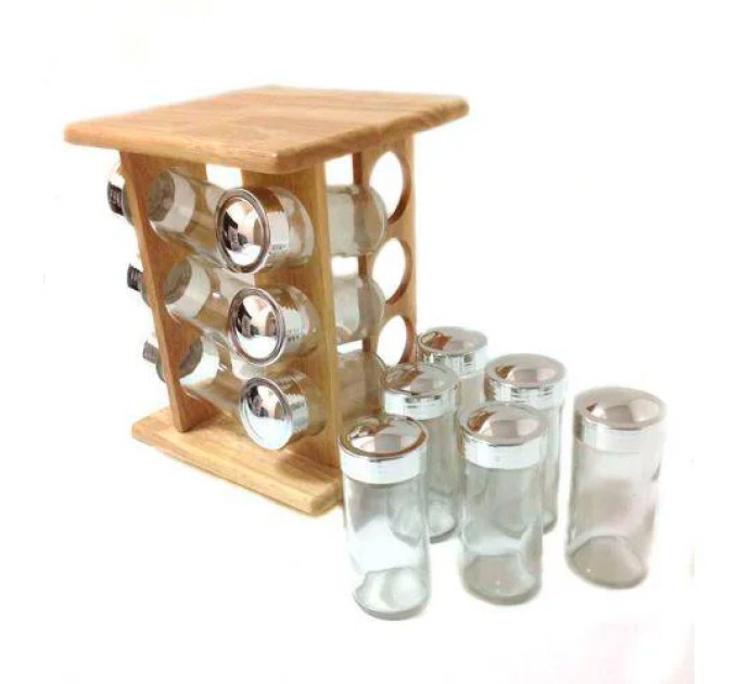Набір баночок для спецій на дерев'яній підставці (12 скляних ємностей) 16.5*16.5*24см Stenson (MS-0375)